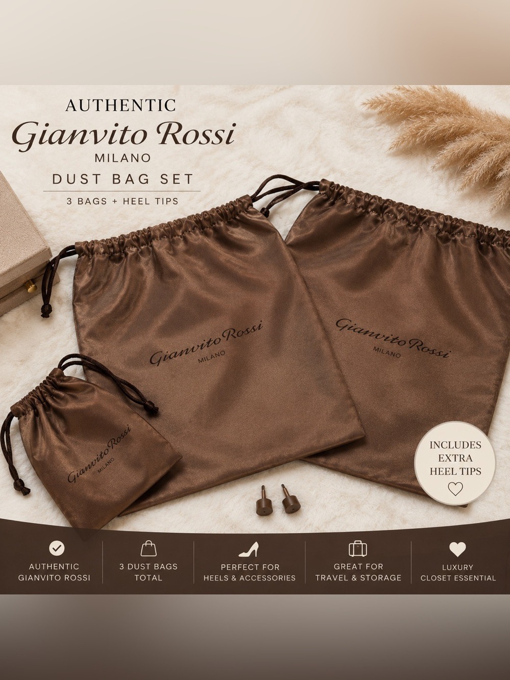 Authentic Gianvito Rossi Milano Satin Dust Bag Set 3 Bags Heel Tips